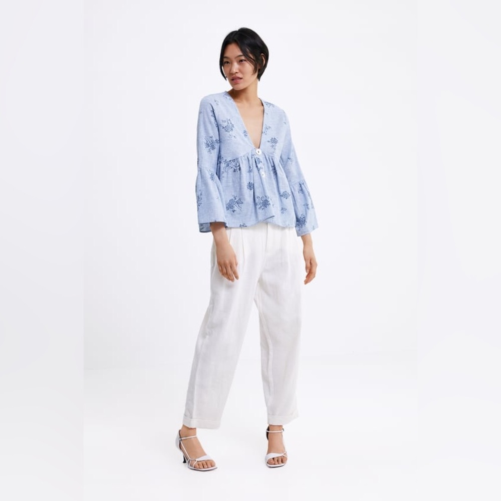 Zara Blue Beachy Boho Faux Button Bell Sleeve Floral 100% Cotton Blouse